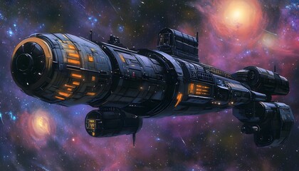Poster - A detailed spacecraft glides through a vibrant, star-filled galaxy, showcasing futuristic engineering against a cosmic backdrop.