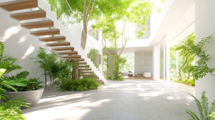 A modern house with trees growing inside white wall