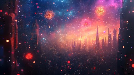 Fototapete - A vibrant cosmic scene featuring a city skyline illuminated by colorful fireworks against a starry, ethereal background.