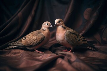 Two doves perched closely together on soft fabric in a serene indoor setting with natural light streaming through