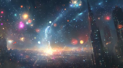 Aufkleber - A vibrant, dreamlike cosmic scene filled with colorful stars, swirling galaxies, and towering structures, evoking a sense of wonder and exploration.