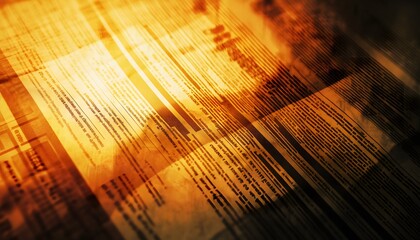 Leinwandbilder - An abstract image features layered documents illuminated by warm hues, suggesting a blend of information and glow that creates a captivating atmosphere.