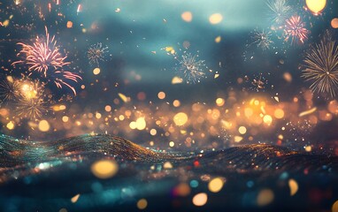 Poster - A vibrant scene showcasing fireworks bursting in the night sky, surrounded by shimmering lights and colorful bokeh effects.