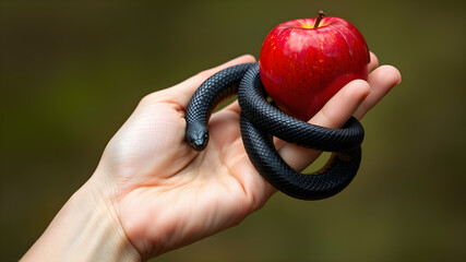 A hand holding a black snake and an apple