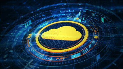 Wall Mural - futuristic cloud computing technology concept with glowing yellow cloud icon on a blue hexagonal gri