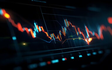 Fototapete - A vibrant, digital graph displaying fluctuating market trends with colorful candlesticks, representing financial data analysis.