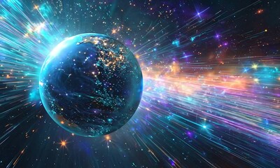 a glowing earth with light streaks radiating out in space with stars in the background.