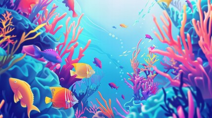 Naklejka na meble Lively aquatic illustration with playful fish exploring colorful coral reefs, offering a vibrant setting with balanced space for creative designs