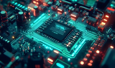 A close-up view of a circuit board featuring intricate designs, glowing lights, and a central microchip, showcasing advanced technology.