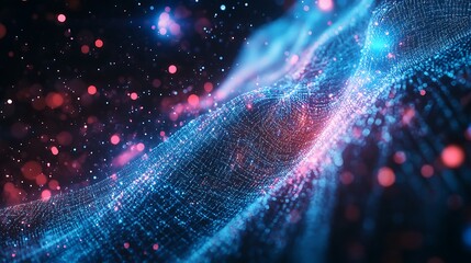 Poster - A vibrant cosmic abstract, featuring glowing particles and waves of light in blue and pink hues, creating a sense of depth and motion.