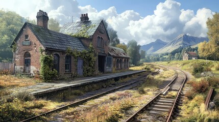 A charming, old countryside train station with weathered brick buildings, overgrown platforms, and a rusting railway track, surrounded by quiet fields and distant mountains.