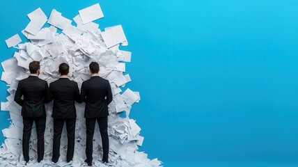 Three men in suits stand before a towering pile of paper, symbolizing overwhelming work or stress against a bright blue background.