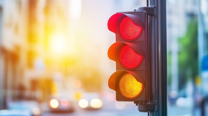 Aufkleber - Red Traffic Light at Sunset in Urban Setting