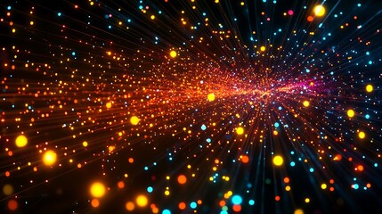 Leinwandbilder - A mesmerizing abstract image showcasing vibrant glowing particles radiating outward on a dark background, evoking a sense of depth and energy.