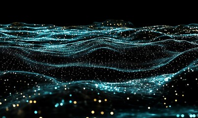 Leinwandbilder - A mesmerizing digital landscape featuring glowing, rolling waves of light against a dark backdrop, creating a sense of depth and tranquility.