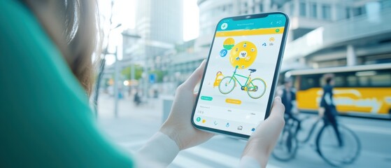 A person using a smartphone app to view bicycle information in a busy urban environment.