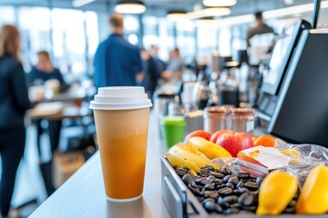 A vibrant coffee shop scene featuring fresh fruits, coffee, and snacks, perfect for a busy lifestyle and social interaction.