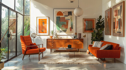 Mid-century modern living room with a teak wood credenza, a burnt orange sofa, and a gallery wall of abstract art, illuminated by floor-to-ceiling windows.