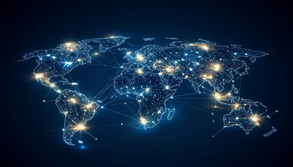 Leinwandbilder - A glowing map of the world showcases interconnected lights, representing global connectivity and modern communication technology.