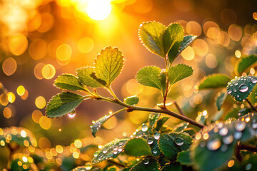 Wall Mural - Softly lit scene of dew kissed foliage unfolding in tranquil sunlight, creating serene atmosphere filled with golden bokeh. vibrant leaves glisten with droplets, enhancing beauty of nature