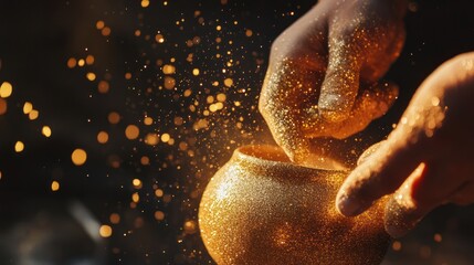 A craft project in progress, where gold glitter powder is being applied to a decorative item, the shimmering dust sparkling against a dark background.