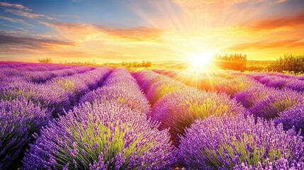 Vibrant field of lavender swaying gently in the spring breeze