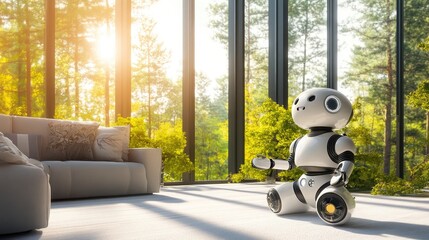 Friendly robot companion navigating a sunny living room with large windows