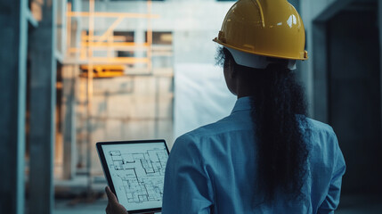 Construction professional reviewing building plans on a tablet at a construction site during the day