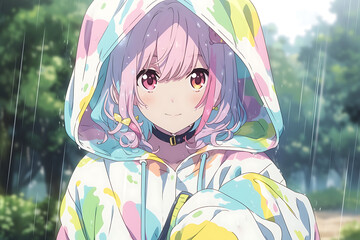 anime character wearing raincoat in park