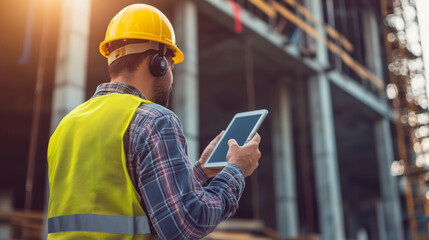 Construction worker using a tablet while supervising site operations in clear daylight