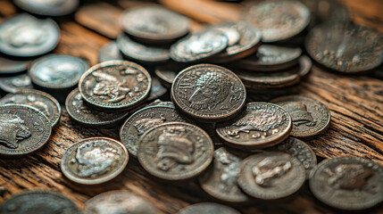 Ancient Roman Coins: A close-up view of a collection of ancient Roman coins scattered on a rustic wooden surface, highlighting their intricate details and historical significance.