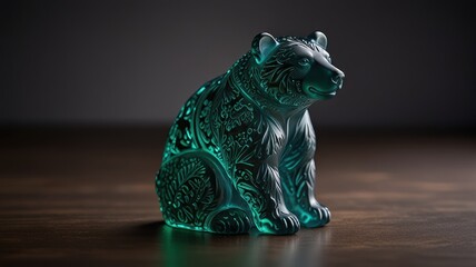 Wall Mural - A teal-colored glass bear figurine with intricate floral designs sits on a wooden table.