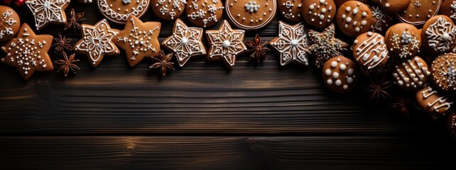 Wall Mural - Christmas homemade gingerbread cookies on wooden background