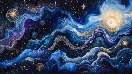 Wall Mural - Abstract galaxy painting with blue, gold, and white swirls on a black background.