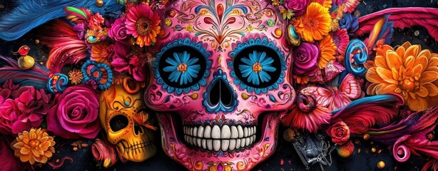 Bright Glowing Sugar Skull with Colorful Flower Decorations