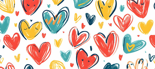 Cute Images - A colorful pattern of hand-drawn hearts in various sizes and colors on a white background.