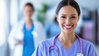 © red_orange_stock - A nurse confidently walks through a hospital hallway, wearing scrubs and a stethoscope, exuding positivity and professionalism