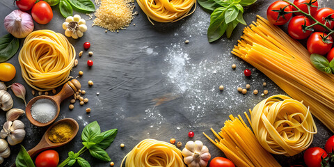 Banner raw uncooked ingredients for cooking pasta. Cooking background. Food banner. Healthy eating concept