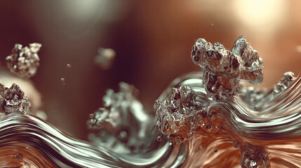 Abstract liquid metal waves in motion against a warm copper background