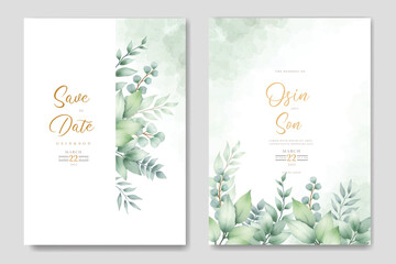 Wall Mural - Wedding invitation card with watercolor leaves