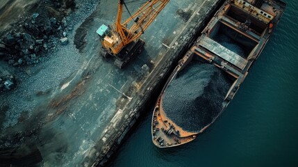 Aerial view of a cargo ship unloading materials at a dock with a crane nearby.