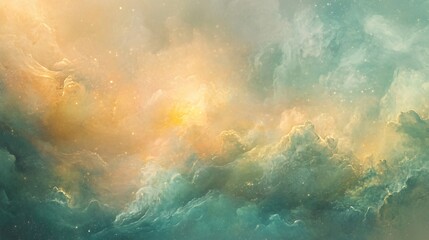 Wall Mural - Abstract nebula with a mix of green and gold colors, with sparkling stars.