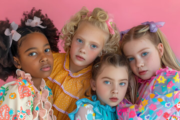 Four young girls of diverse ethnicities pose together in colorful dresses against a pink backdrop, showcasing their vibrant hairstyles and freckles.