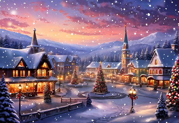 winter landscape in the mountains, A Christmas village on a cold winter day, a year-end party on a snowy day