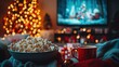 © Tik - Christmas movie night with friends, watching holiday classics together, surrounded by Christmas lights and hot cocoa.