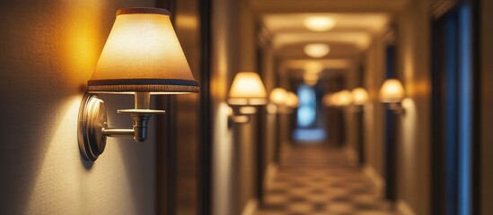 Sticker - Row of wall lamps with warm light in a hotel corridor.