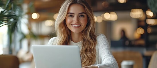 Wall Mural - A young woman with long blonde hair smiles at the camera while working on a laptop in a cafe.