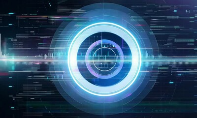 Wall Mural - low angle: a cybernetic human eye scanning with pulsing light rings around the pupil. tiny circuits 