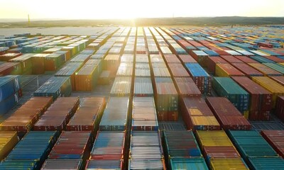 Wall Mural - Aerial View of Colorful Shipping Containers in a Cargo Yard at Sunset, Industrial Logistics and Transportation Concept