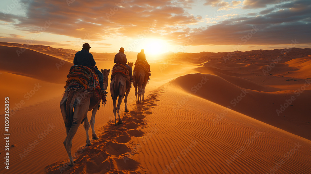 Three camel riders follow a sandy path into a glowing sunset, leaving ...
